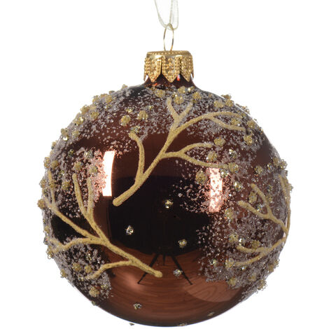 Weihnachtskugel aus glänzendem Glas mit verschneiten Bäumen in Kaffeebraun ø 8cm