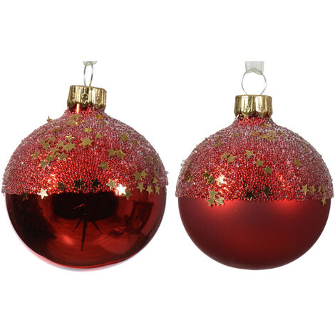 Weihnachtskugel aus mattem Glas mit glänzender Sterntopf in 2 Farben, rot, ø 6cm