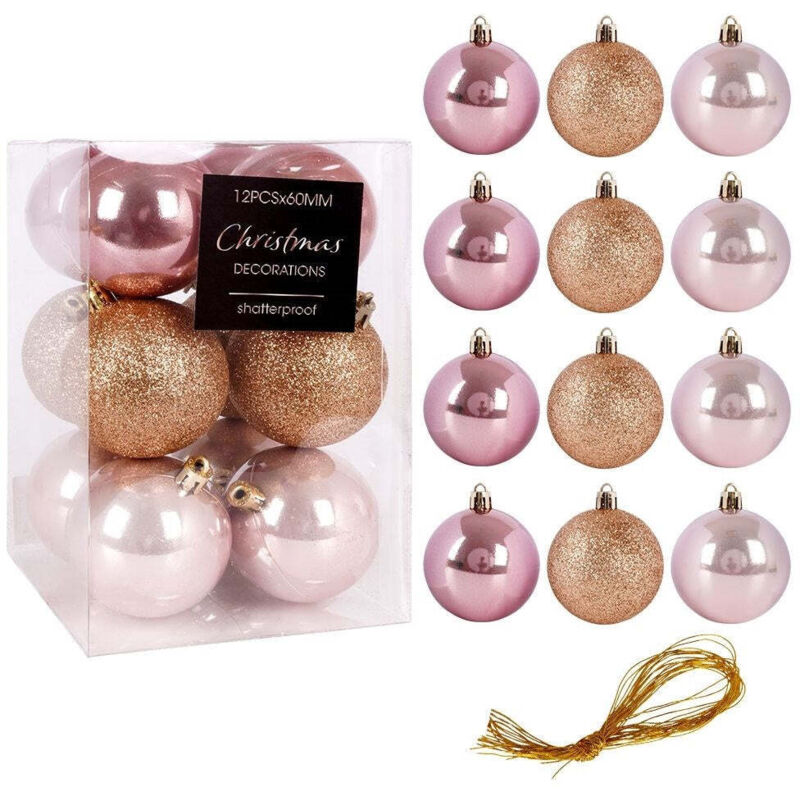 Home Styling - Set Of 12 Unbreakable Pink Christmas Tree Balls - Glitter Matte