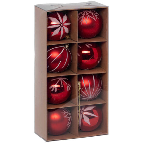 Weihnachtskugeln rot mit weißem Muster, Ø 8 cm, 8er-Set