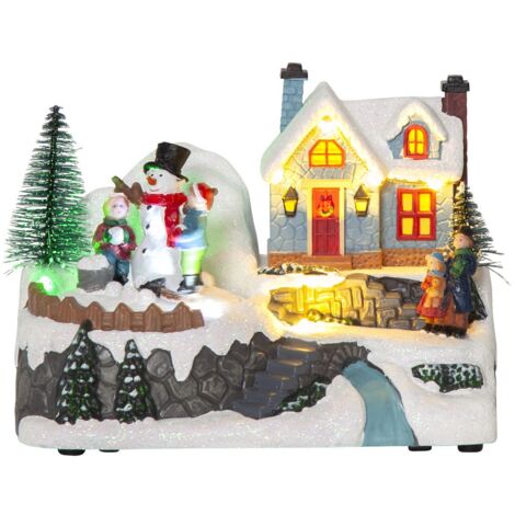 Weihnachtsszenerie ,Winterville', Spieluhr mit 8 Melodien, 7 LEDs, Batterien + Timer, B 18cm, H 13cm