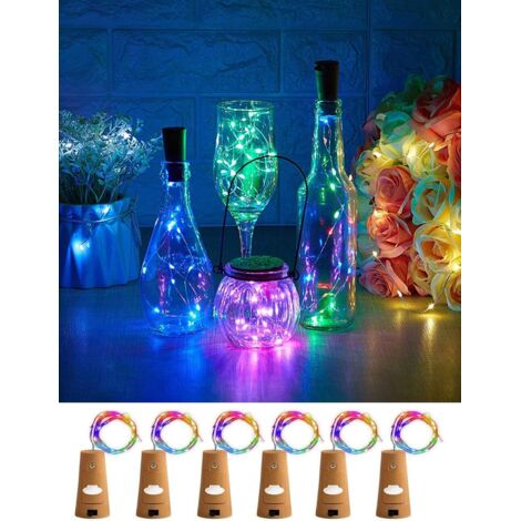 Weinflaschen-Lichter mit Korken, 6 Stück, 20 LEDs, 6,5 Fuß (2 m), silberfarbener Kupferdraht, batteriebetrieben, Heimdekoration, Seillampe für DIY-Geburtstagsparty