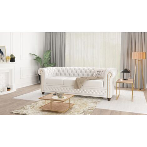 Weiß Chesterfield Sofa 3-sitzer Lukas mit Schlaffunktion