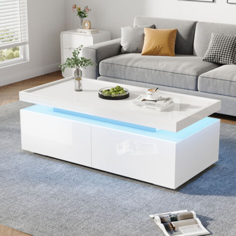 Weiß glänzender Couchtisch mit 2 Schubladen und LED-Beleuchtung, 95x45x35 cm