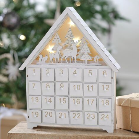 Weiß-goldener Adventskalender aus Holz mit Beleuchtung zur Kamindekoration