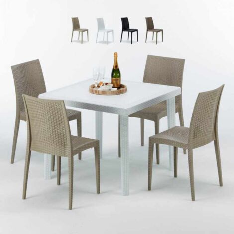 Weiß Quadratisch Tisch und 4 Stühle Farbiges Polypropylen-Außenmastenset Grand Soleil Bistrot Love - Beige