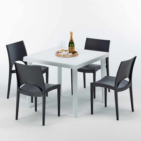 Weiß Quadratisch Tisch und 4 Stühle Farbiges Polypropylen-Außenmastenset Grand Soleil Paris Love - Schwarz