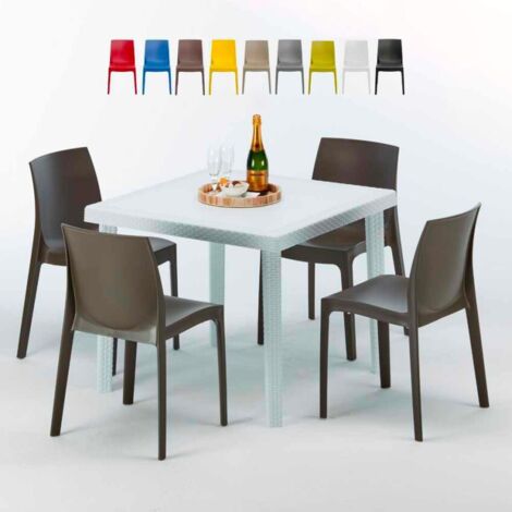 Weiß Quadratisch Tisch und 4 Stühle Farbiges Polypropylen-Außenmastenset Grand Soleil Rome Love - Braun