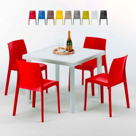 Weiß Quadratisch Tisch und 4 Stühle Farbiges Polypropylen-Außenmastenset Grand Soleil Rome Love - Rot