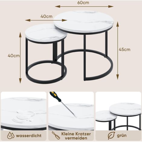 Weiß verschachtelter Couchtisch 2-teiliges Set, 60cm Metallrahmen runder Couchtisch, moderner Couchtisch 2-teiliges Set, geeignet für Wohnzimmer, Schlafzimmer, Balkone, Höfe, Büros, kleine Raum versch