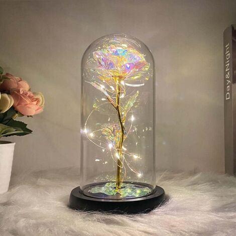 Weiße Ewige Rose mit LED unter Glasglocke, Dekorative Stimmungsleuchte, Nachtlicht für Schlafzimmer, Moderne Beleuchtung, Kreatives Geschenk für Feiertage