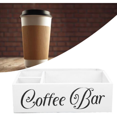 Weiße Holzbox für Bar/Café mit 4 Fächern, Organizer für Kaffeezubehör, Thekenaufbewahrung, 32 x 21,2 x 12,8 cm