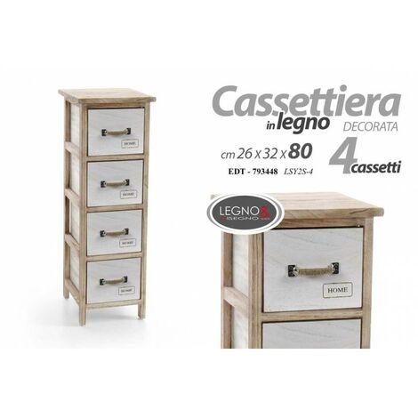 Weiße schäbige schmale Kommode aus Holz 4 Schubladen