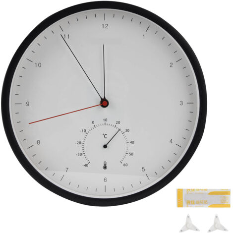Weiße skandinavische Wanduhr mit Multifunktionsthermometer für Bar oder Wohnzimmer – schwarzer Rahmen