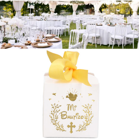 Weiße Taufgeschenkbox mit goldenem Band – 50 Papierstücke (6,5 cm) – ManoMano.fr