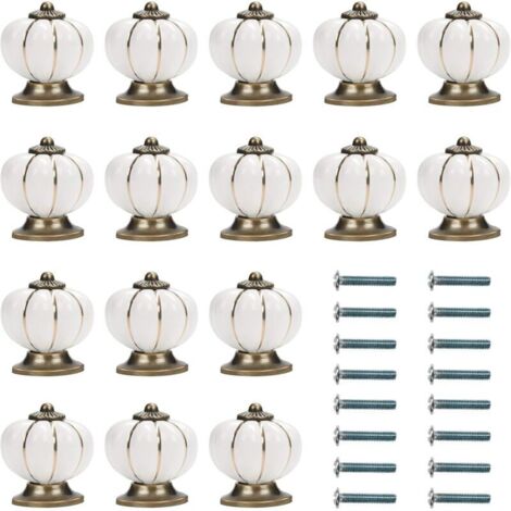 Weiße und goldene Keramik-Möbelknöpfe mit kürbisförmigen Schrauben (16er-Pack) – 3,6 x 3,9 cm – Runde Vintage-Möbelknöpfe – Für Zuhause, Büro, Küchenschränke, Schubladen und Kommoden