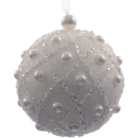 Weiße Weihnachtskugel mit Perlen Ø8 cm