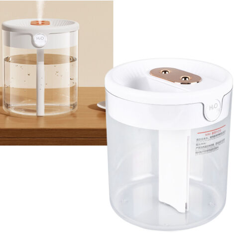 Weißer 2-Liter-Luftbefeuchter, großes Fassungsvermögen, Dual-Jet-Technologie, USB-Anschluss, Nachtlicht, Luftverdampfer für Schlafzimmer oder Büro
