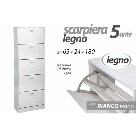 Weißer Doppelklappen-Schuhschrank 5 Türen cm 63 x 24 x 180 h