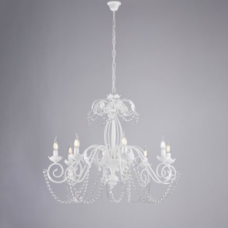Weißer Eisen Kronleuchter Shabby Strass Damast acht Lichter 90x h70 cm