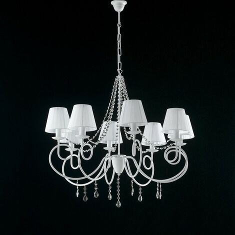 Weißer Eisenkronleuchter acht Lichter schäbige Dekoration Weiße Lampenschirme 90x h75 cm