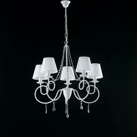 Weißer Eisenkronleuchter fünf Lichter schäbige Dekoration Weiße Lampenschirme 68x h72 cm