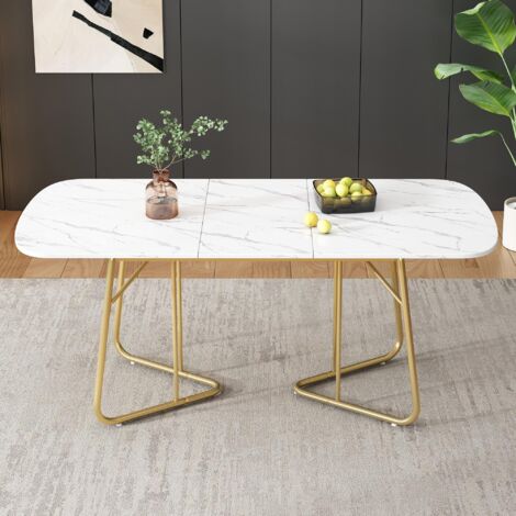 Weißer erweiterbarer Esstisch mit Marmorstruktur, vergoldete Metall-Tischbeine, erweiterbarer Esstisch140/18080 cm, exquisiter Luxus-Stil, weißer rechtwinkliger Esstisch, geeignet für 4–6 Person