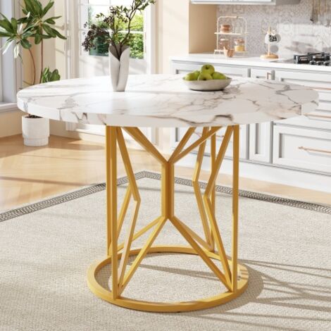 Weißer runder Esstisch für 4–6 Personen, marmorierte MDF-Tischplatte mit geometrischen goldenen Metallbeinen, für Esszimmer, Wohnzimmer und Küche, 100 × 100 × 76 cm