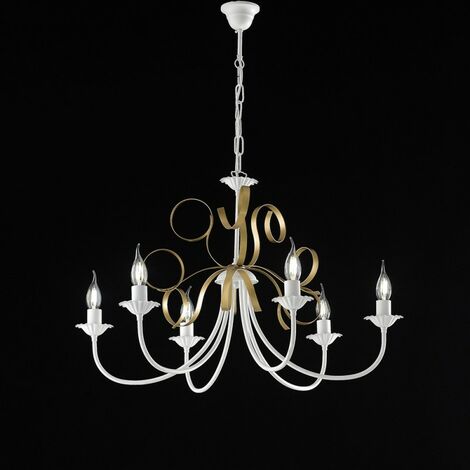 Weißer schäbiger goldener Eisenkronleuchter mit sechs Lichtern 73x h50 cm