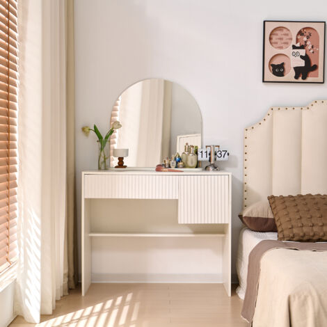 Weißer Schminktisch mit Spiegel, moderner Frisiertisch mit Schubladen und offenen Regalen, H135×B90×T40 cm