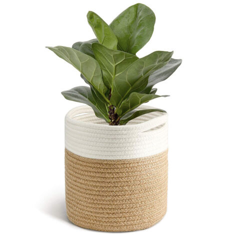 Weißer und gelber Pflanzenkorb, 32 x 32 x 32 cm, 1 gewebter Baumwollkorb zur Aufbewahrung von Zimmerpflanzen, Wohnaccessoire