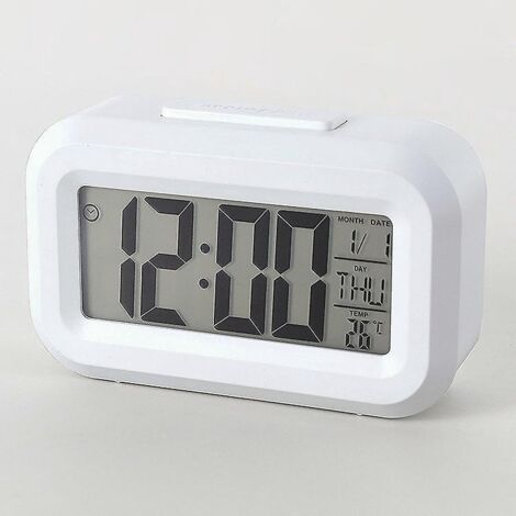 Weißer Wecker, batteriebetrieben, gedimmt/Nachtmodus, 12/24-Stunden-Anzeige, kabellos, kleine Uhr für Schlafzimmer/Wand/Reisen mit Display