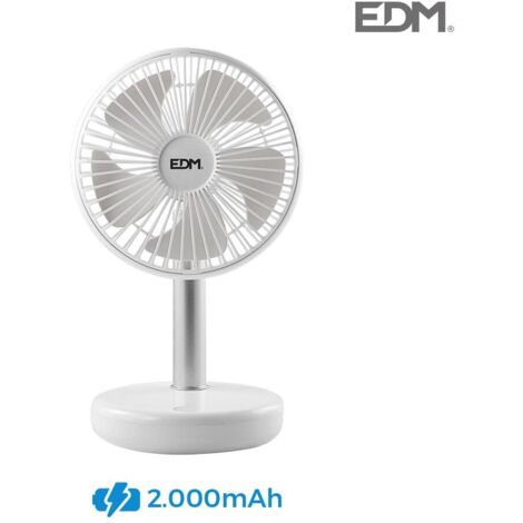 Weißer wiederaufladbarer Tischventilator, Leistung 5 W, Flügel ø14,5 cm, 17 x 13 x 26 cm, EDM