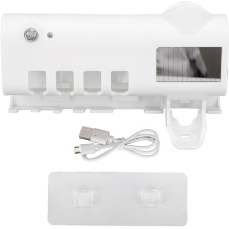Weißer Zahnbürstenhalter mit 4 Fächern, intelligenter Reinigungsfunktion, bohrfreier Wandmontage und Zahnpastaspender, ABS mit integriertem Akku
