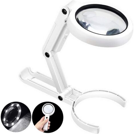 Weißes, aufladbares Vergrößerungsglas mit 8 LEDs, tragbar und faltbar, 5-fache und 11-fache Vergrößerung sowie 2-in-1-Nivellierungs-Tischversion, transparent.