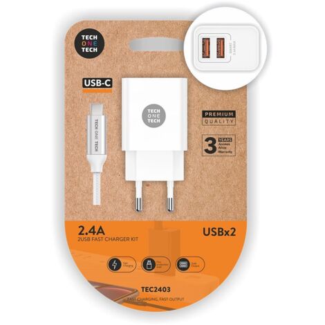 Weißes Doppelladegerät + Nylon USB-C 2,4A Tech One Tech-Kabel