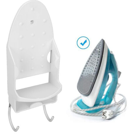 Weißes, hitzebeständiges Bügeleisen mit Ständer bis 220 °C, inklusive Ablage und Wandhaken für das Badezimmer, PBT, 433 g