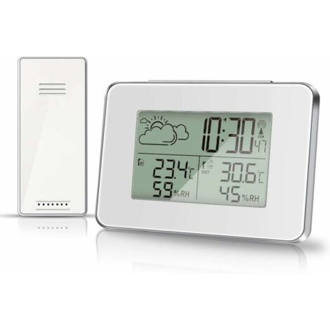 Weißes kabelloses Wetterstations-Hygrometer für den Innen- und Außenbereich, Thermometer mit Außensensor, LCD-Display, digitaler Temperatur- und Luftfeuchtigkeitsmonitor mit Hintergrundbeleuchtung