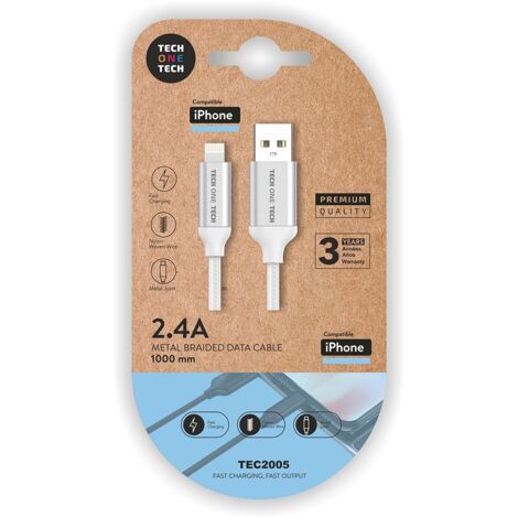 Weißes Nylon-USB-A-auf-Lightning-Kabel Apple 1 m 2A Tech One Tech