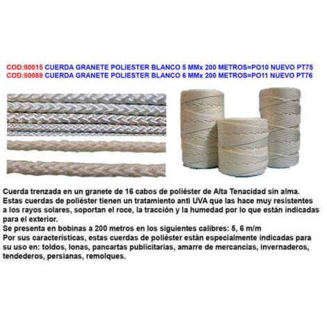 Weißes Polyester-Granatseil 6 mm x 200 Meter PO11 Neu PT76