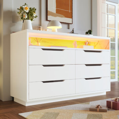 Weißes Sideboard, Kommode mit LED-Beleuchtung und 6 Schubladen, Aufbewahrungseinheit mit Marmormaserung, für Wohnzimmer und Schlafzimmer, 120x40x85cm