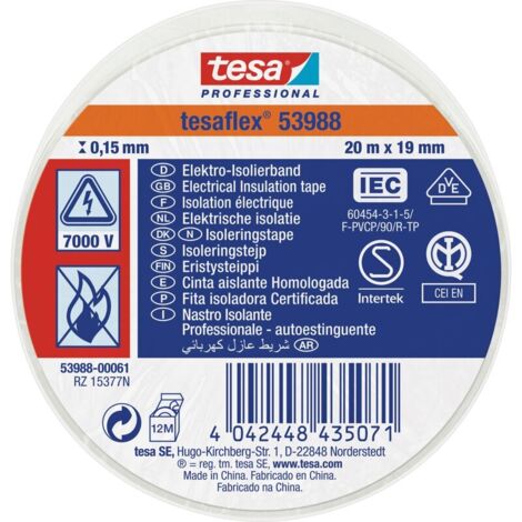 Weißes, zugelassenes Isolierband, 20 m x 19 mm, 53988 Tesa