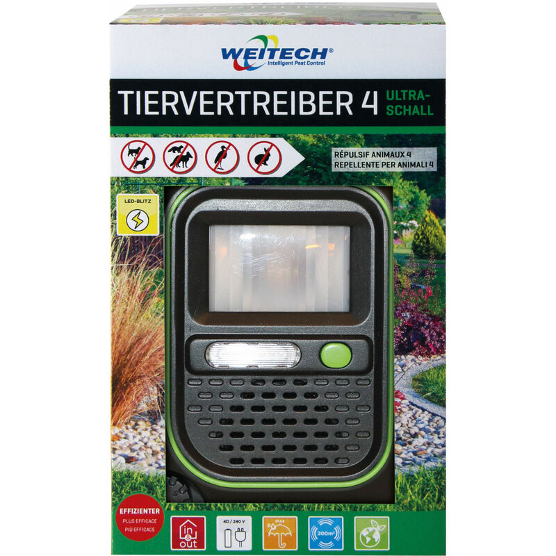 Garden Protector 4 - Chasse les chiens, chats, renards, lapins, fouines, hérons, etc détecteur de mouvements + ultrasons + flash led - Weitech