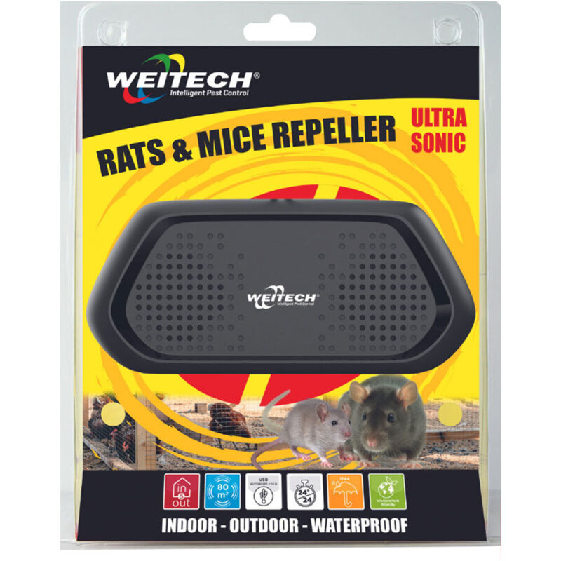 Weitech - Répulsif à ultrasons pour rats et souris Pour intérieur et extérieur - Protège 80m² - Autonomie 15 jours - Rech