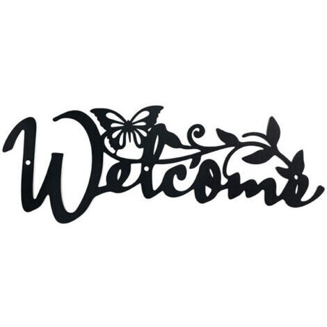 Welcome Papillon Décoration Murale en Métal, Noir Tenture Décor Silhouette Mur Art pour la Maison Chambre Salon Salle de Bains Cuisine Bureau Jardin Hôtel Décoration Murale, 11x30 cm