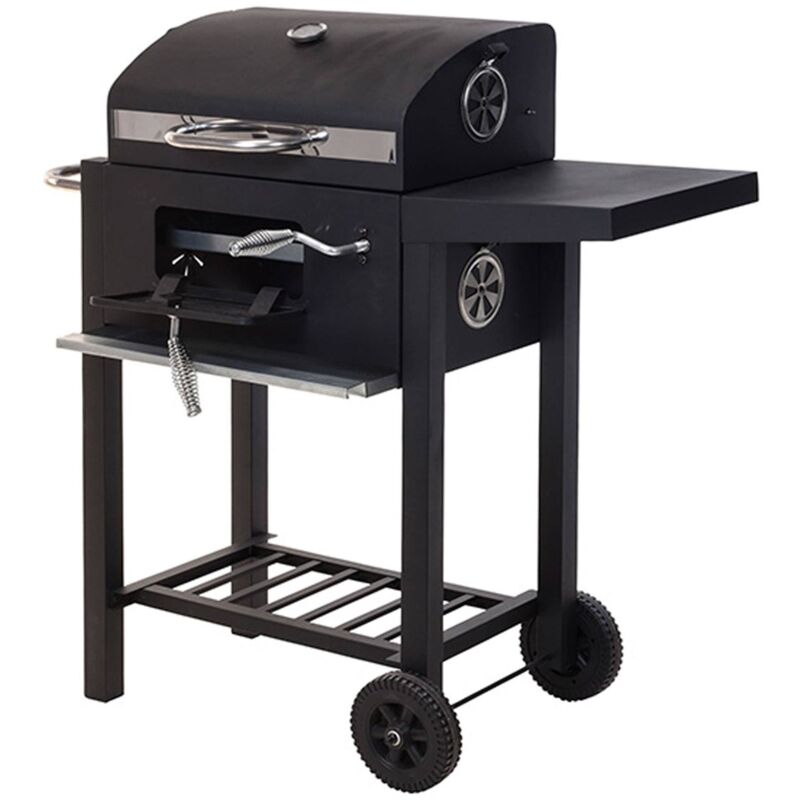 Well home - Barbecue à charbon noir avec double grille et table d'appoint H.96cm