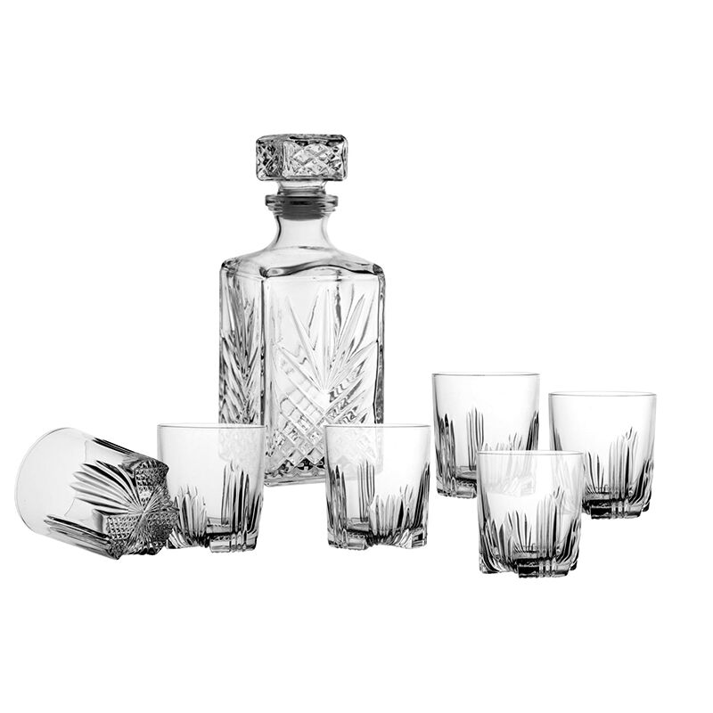 Bormioli Rocco 1 Litre Cut Glass Square Whisky Decanter & 6 Glasses 285ml in Clear