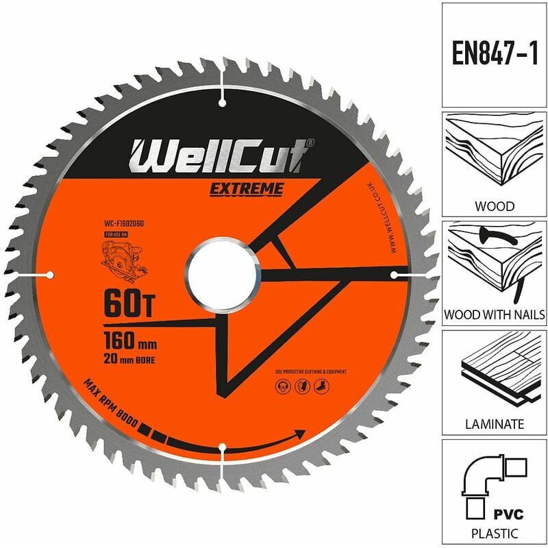 Wellcut - Plunge Saw Wood Blade 160 mm x 60 Teeth x 20 mm Festool TS55 HK55