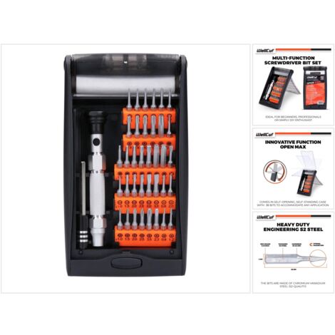 WellCut Präzisions-Mehrzweck-Schraubendreher-Bit-Set mit 60 mm Verlängerungsstange, 94 mm Aluminiumgriff, 38-teilig ( ‎WC-MPS38U )