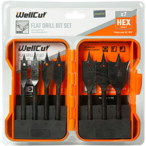 WellCut WC-FB7B Black Edition 10-32mm Flat Wood Drill Spade Bit Set with 7 Pieces